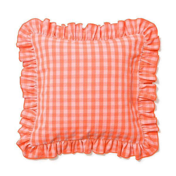 フリルチェック  クッションカバー 45×45 オレンジ（C-089）