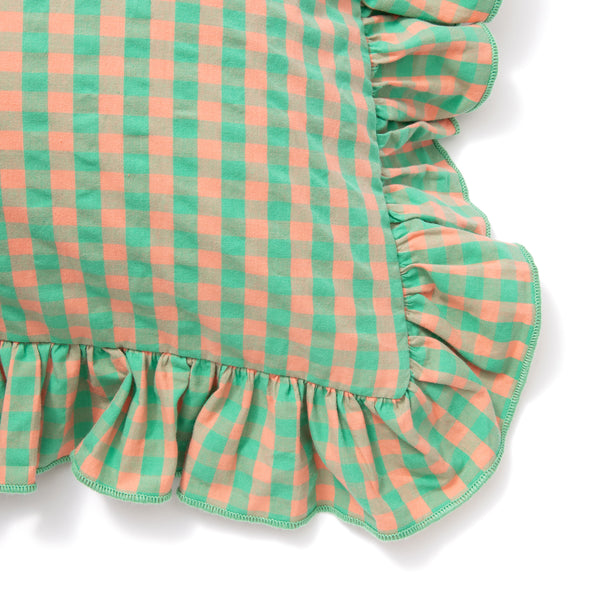 フリルチェック クッションカバー 450×450 グリーン×オレンジ（A-053