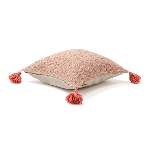 タッセルチェック クッションカバー 450×450 ベージュ×ピンク（110）