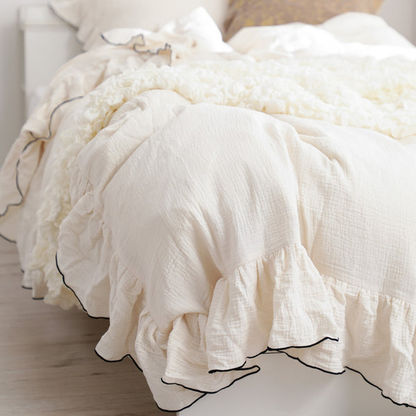 フリル ガーゼ 掛け布団カバー シングル アイボリー×ブラック