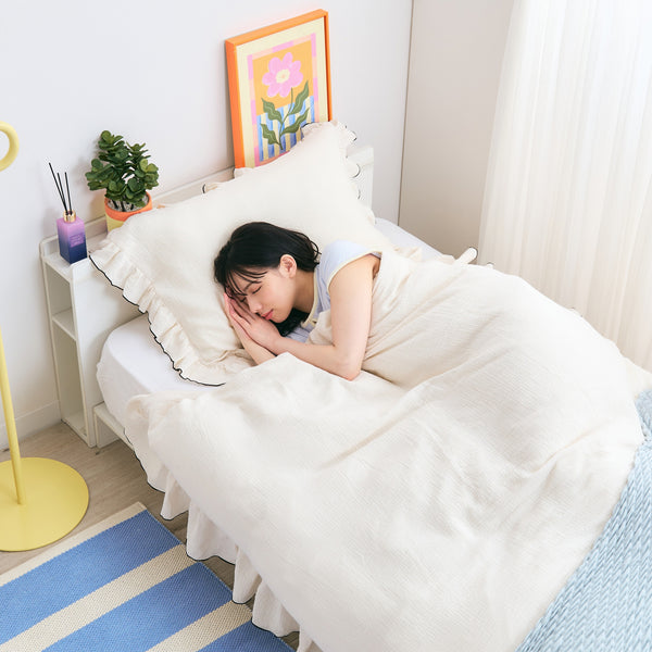 フリル ガーゼ 掛け布団カバー セミダブル アイボリー×ブラック