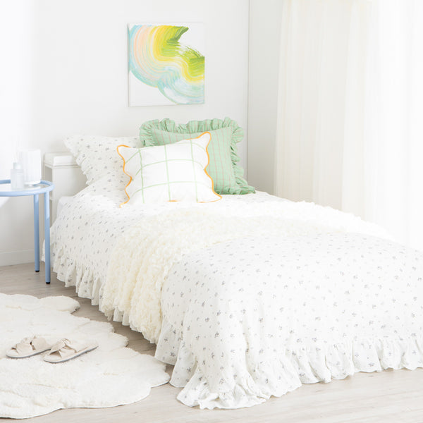 フリル ガーゼ スモールフラワー 掛け布団カバー ダブル グレー