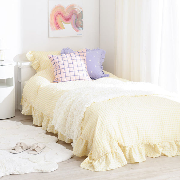 フリルチェック 寝具カバーセット シングル アイボリー×イエロー