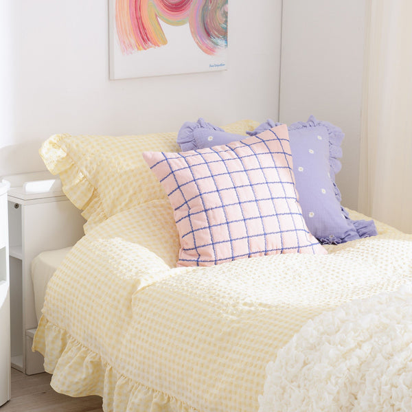 イエロー チェック柄 フリル付き シングルカバー4点セット フリルチェック 寝具カバーセット シングル アイボリー×イエロー