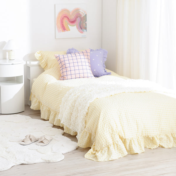 フリルチェック 寝具カバーセット セミダブル アイボリー×イエロー
