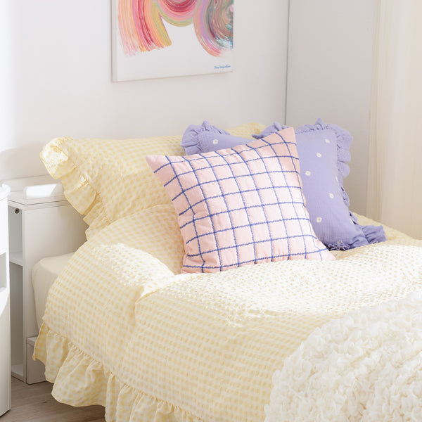 フリルチェック 寝具カバーセット セミダブル アイボリー×イエロー