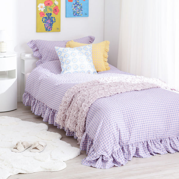フリルチェック 寝具カバーセット シングル ピンク×パープル