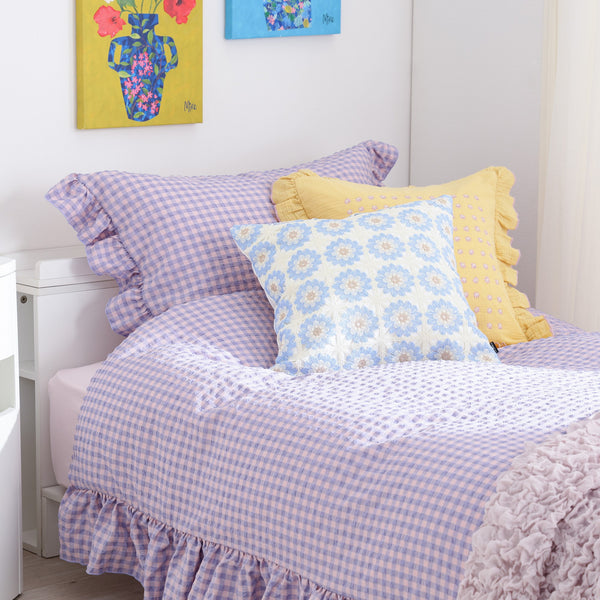 フリルチェック 寝具カバーセット ダブル ピンク×パープル