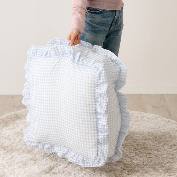クッションになるふとん収納ケース シアーチェックフリル ライトブルー