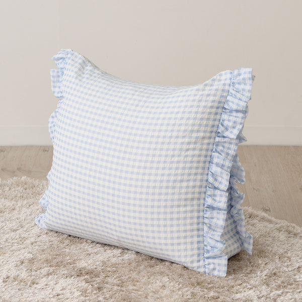 クッションになるふとん収納ケース シアーチェックフリル 三角 ライトブルー