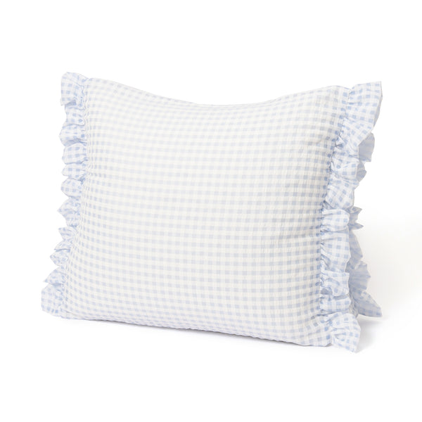 クッションになるふとん収納ケース シアーチェックフリル 三角 ライトブルー