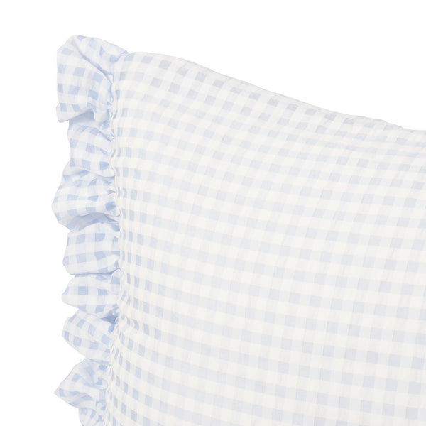 クッションになるふとん収納ケース シアーチェックフリル 三角 ライトブルー