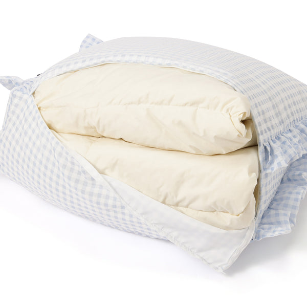 クッションになるふとん収納ケース シアーチェックフリル 三角 ライトブルー