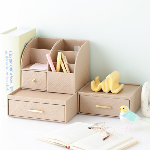 チェック ステッチ デスクオーガナイザー L ベージュ