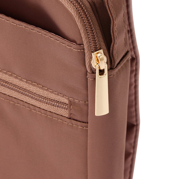 バイカラーサテン トラベルサコッシュ ピンク×ブラウン