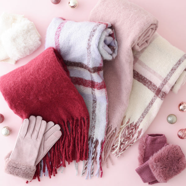 モヘアライク チェックマフラー ピンク