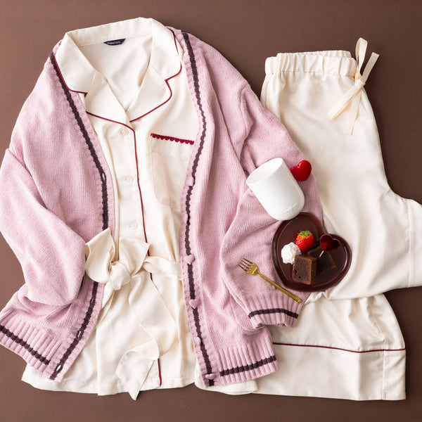 ヒアルロン酸加工 ハートラインサテンパジャマ アイボリー