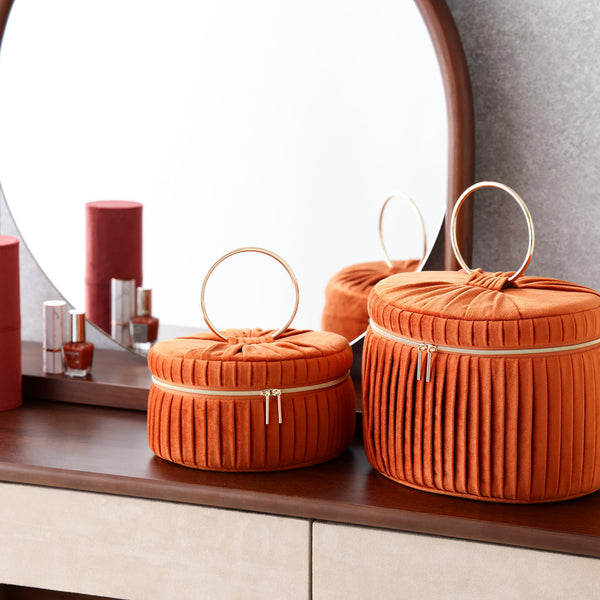 ベロアプリーツ バニティポーチ L オレンジ