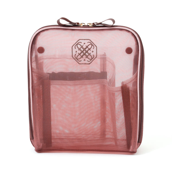 バイカラーサテン メッシュツールスタンドポーチ ピンク×ブラウン