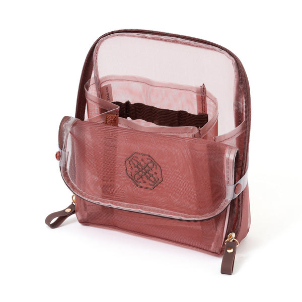 バイカラーサテン メッシュツールスタンドポーチ ピンク×ブラウン