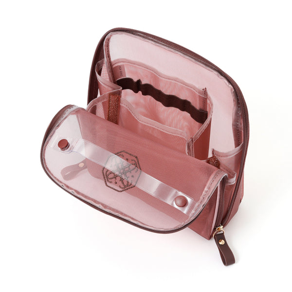 バイカラーサテン メッシュツールスタンドポーチ ピンク×ブラウン