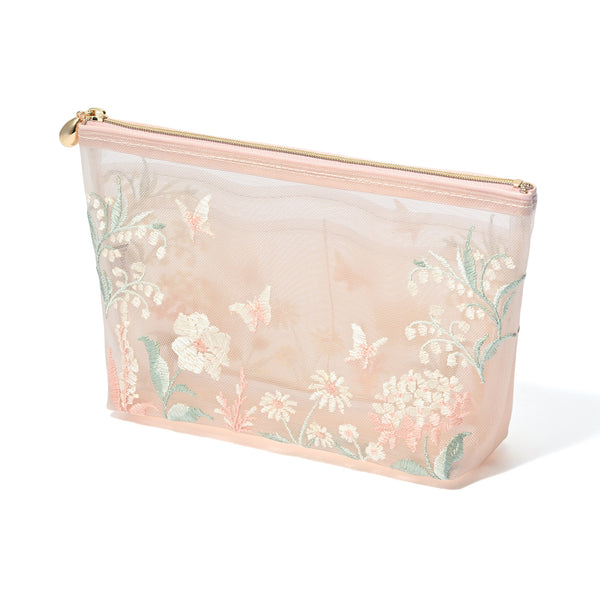 メッシュ エンブロイダリー ポーチ L ピンク