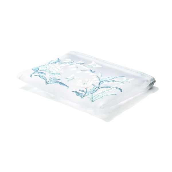 メッシュ エンブロイダリー ミニフラットポーチ ライトブルー