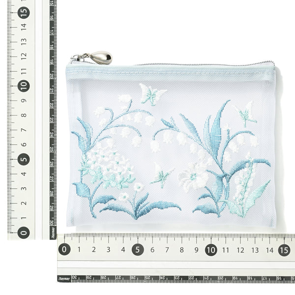 メッシュ エンブロイダリー ミニフラットポーチ ライトブルー