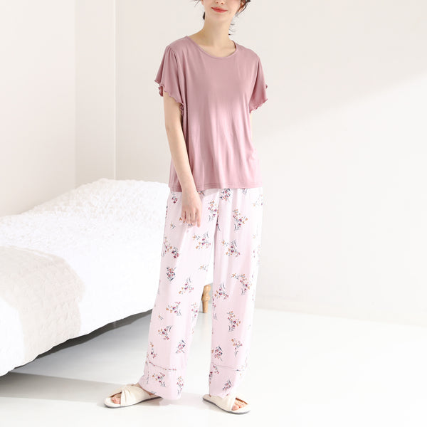 【オンラインショップ限定】フラワープリント 半袖パジャマ ナイトブラ付き ピンク